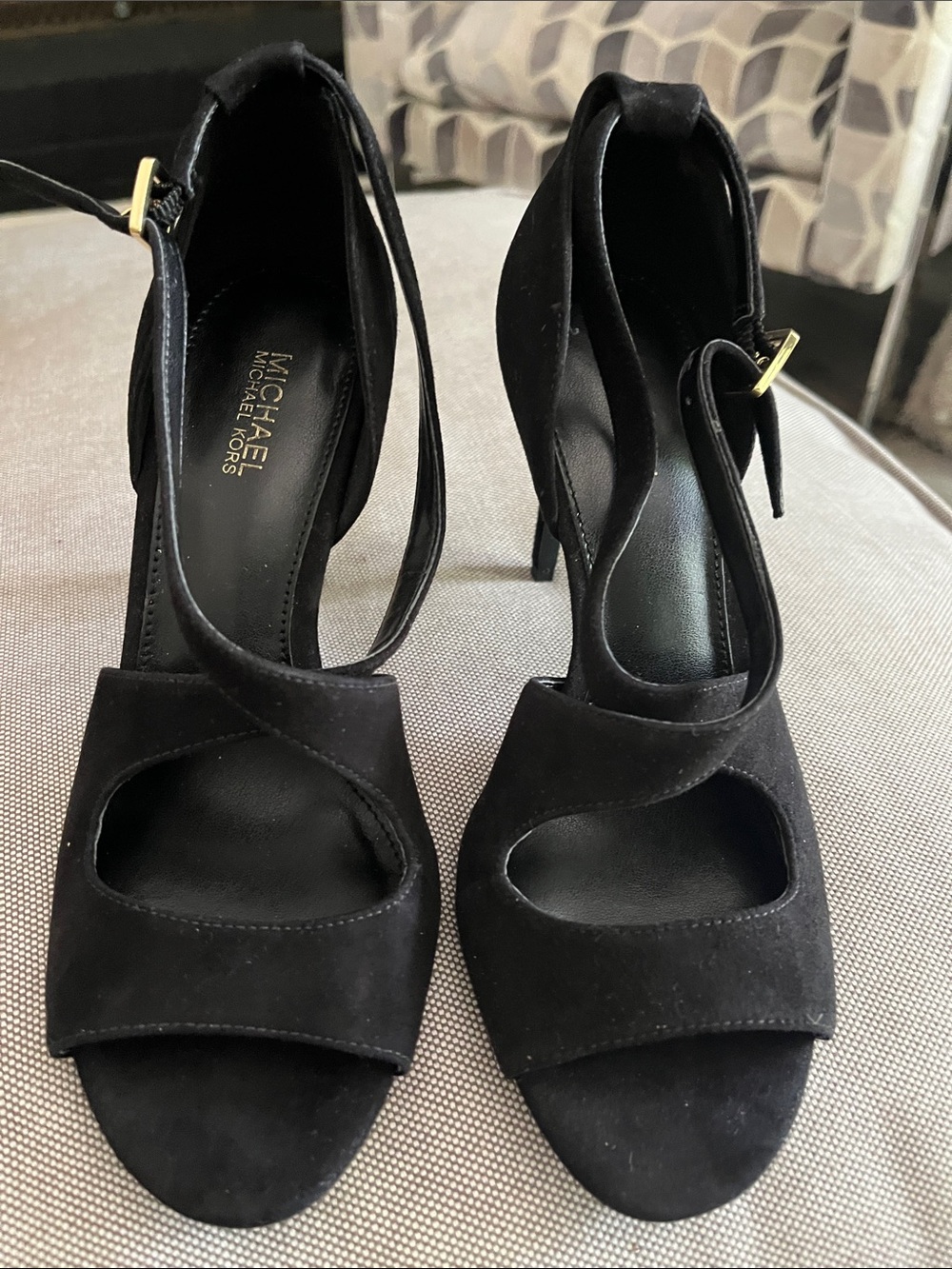 Michael Kors Black Suede Open Toe Ankle Strap Stiletto Heels